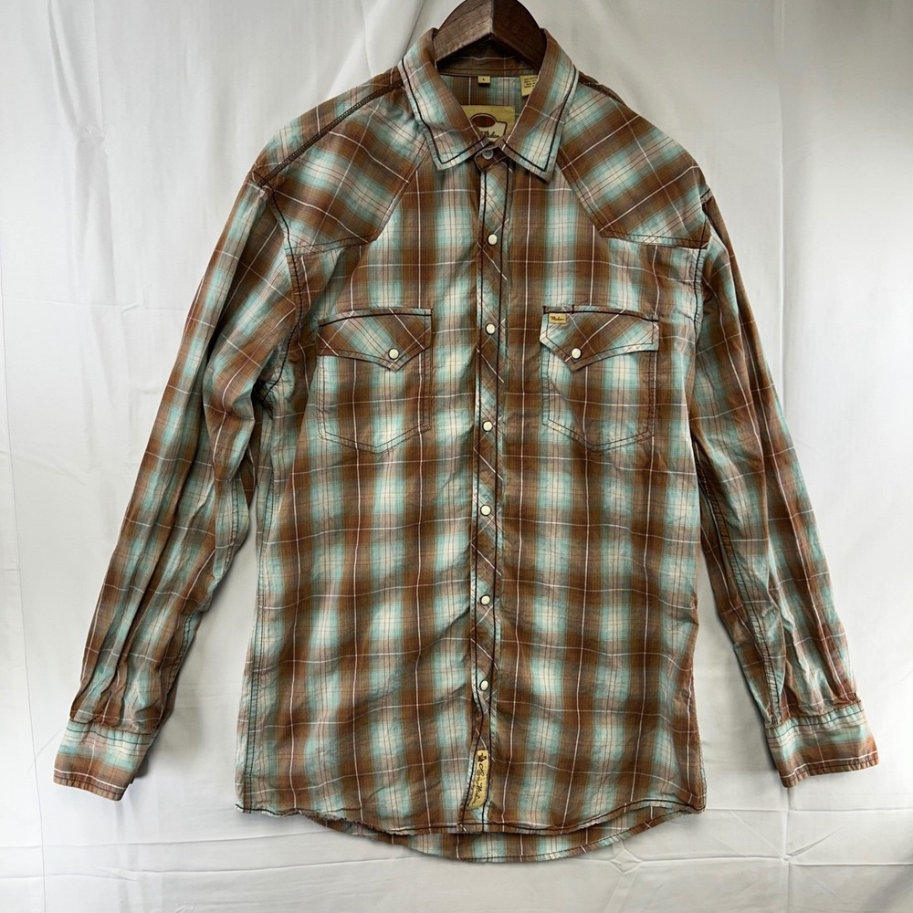 Larry Mahan Western Shirt Mens Large Brown Teal Plaid Pearl Snap Cowboy Yoke